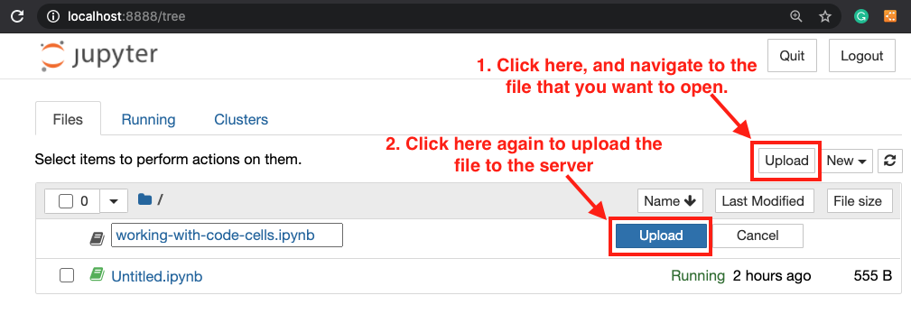 Steps to upload any file to the current running Notebook srver